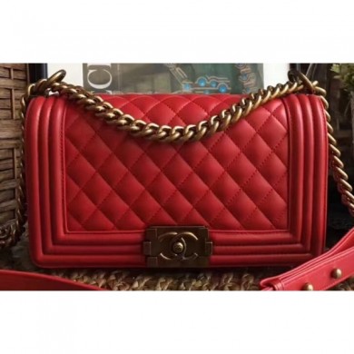 Replica Chanel Lambskin Boy Flap Medium Bag Red/Gold CE01509