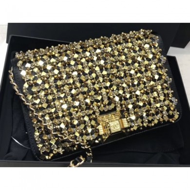 Replica Chanel Sequins Wallet On Chain WOC Bag Black/Gold 2019 CE03000