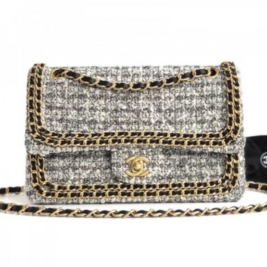 Replica Chanel Tweed Chain Trim Medium Flap Bag Grey 2019 Collection CE02073