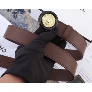 Replica Chanel Width 3cm Button Round Buckle Leather Belt Coffee CE01456