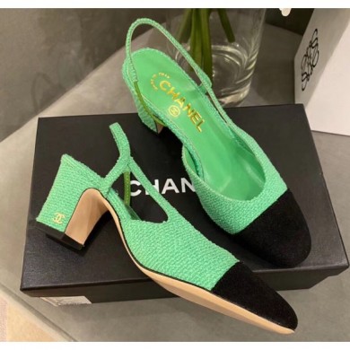Replica High Quality Chanel Tweed Slingbacks G31318 Green/Black 2020 Collection CE02968