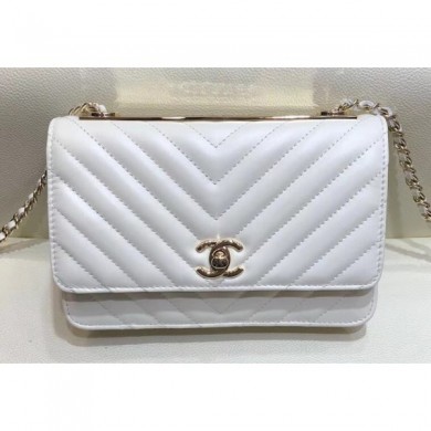 Replica Luxury Chanel Lambskin Chevron Trendy CC Wallet On Chain WOC Bag A84456 White 2018 CE01931