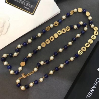 Replica Luxury Chanel Round Metal and Pearl Sweater Long Necklace Gold/Blue/White 2019 Collection CE03583