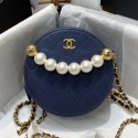 AAAAA Chanel Quilted Leather Pearl Round Clutch with Chain Blue 2019 Collection CE00633