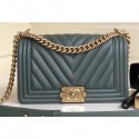 Chanel Caviar Leather Chevron Boy Flap Medium Bag Gray Green/Gold CE03096