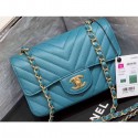 Chanel Original Quality Small Classic Flap Bag 1116 in Caviar Leather Chevron Turquoise with Gold Hardware CE02864