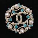 Chanel Round Brooch AB0585 Gold/Pearly White/Blue/Crystal 2019 Collection CE03606