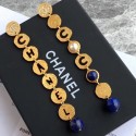 Chanel Round Metal Cutout Lettering Long Earrings AB1601 Gold/Blue 2019 Collection CE01029