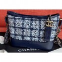 Chanel Tweed/Calfskin Gabrielle Small Hobo Bag A91810 Grid Navy Blue CE03957