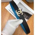 Chanel Width 3cm Crystal CC Logo Buckle Leather Belt Black/Blue CE02153