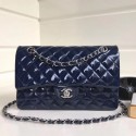 Copy Chanel Patent Calfskin Medium Classic Flap Bag A1112 Deep Blue（Silver Hardware） Collection CE01764