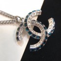 Fake Chanel Double Square Crystal CC Pendant Necklace Crystal White/Dark Blue 2019 Collection CE00846