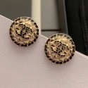 High Imitation Chanel Quilted Metal Chain Leather Round Stud Earrings AB3047 Black/Gold 2019 Collection CE03167