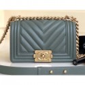 High Quality Replica Chanel Caviar Leather Chevron Boy Flap Small Bag Gray Green/Gold CE01773