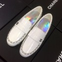 Imitation Chanel Patent Calfskin Rainbow Lining Chain Flat Loafers G35631 White 2020 Collection CE04118