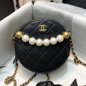 Replica Chanel Quilted Leather Pearl Round Clutch with Chain Black 2019 Collection CE03922