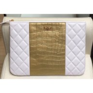 AAA 1:1 Chanel Reissue 2.55 Lambskin and Crocodile Embossed Calfskin Pouch Clutch Bag A82725 White/Gold 2019 CE03596