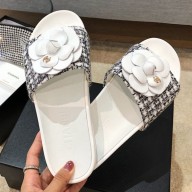 Chanel Tweed Camellia Flat Slide Sandal Black/White 2020 Collection CE03186