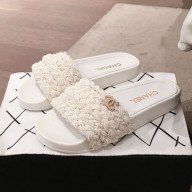 Fashion Replica Chanel Tweed Pearls Flat Mule Slide Sandals G35696 White 2020 Collection CE02709