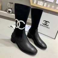 Replica AAA Chanel Calfskin and Knit Fabric CC Flat Fold Short Boots Black/White 2019 Collection CE01758