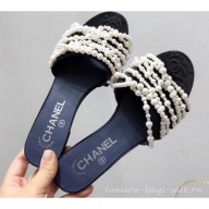 Replica Cheap Chanel Pearls Mules Slipper Sandals Grossgrain Black 2019 CE02951
