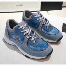 AAA Chanel Calfskin Suede & Fabric Classic Sneaker DenimBlue 2020(For Women and Men) Collection CE03489