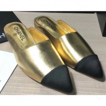 AAA Knockoff Chanel Lambskin and Satin Slippers Metallic Gold/Black 2020 CE03977