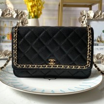 Best Chanel Quilted Grained Leather Chain Trim Wallet on Chain WOC Black 2019 Collection CE01131