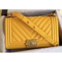 Chanel Caviar Leather Chevron Boy Flap Medium Bag Yellow/Gold CE01382