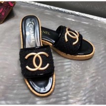 Chanel CC Metal Logo Tweed Flat Slide Sandals Black 2020 Collection CE04156