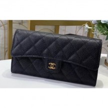 Chanel Classic Long Flap Wallet 30077 Grained Calfskin Black/Gold CE00665