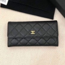Chanel Classic Quilted Grained Leather Flap Wallet A50096 Black/Gold Collection CE02729