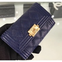 Chanel Grained Calfskin Boy Flap Card Holder A80603 Navy Blue/Gold CE01616