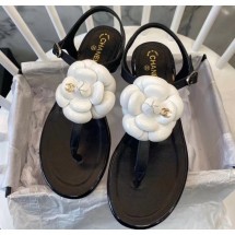 Chanel Lambskin Classic Camellia Thong Sandals Black/White 2020 Collection CE03016