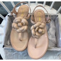 Chanel Lambskin Classic Camellia Thong Sandals Nude 2020 Collection CE02304