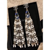 Chanel Pearl Chain Tassel Earrings AB0708 Gold/Blue/Pearly White 2018 CE02983