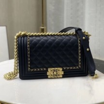 Chanel Quilted Calfskin Chain Medium Boy Flap Bag A67086 Navy Blue 2019 Collection CE01540