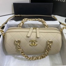 Chanel Quilted Lambskin Bowling Bag with Chain Top Handle Light Beige 2020 Collection CE02868