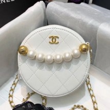 Chanel Quilted Leather Pearl Round Clutch with Chain White 2019 Collection CE00600
