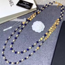 Chanel Round Metal and Pearl Double Long Necklace Gold/Blue/White 2019 Collection CE01004