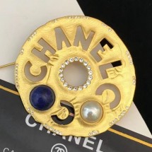 Chanel Round Metal Cutout Lettering Brooch AB1602 Gold/Blue 2019 Collection CE01343