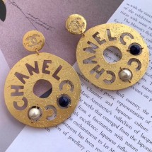 Chanel Round Metal Cutout Lettering Short Earrings AB1602 Gold/Blue 2019 Collection CE00941