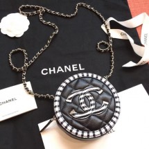 Chanel Striped Grained Calfskin CC Filigree Round Clutch With Chain Bag AP0365 Black 2019 CE01699