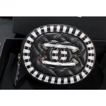 Chanel Striped Grained Calfskin CC Filigree Round Zipped Coin Purse A81458 Black 2019 CE03450