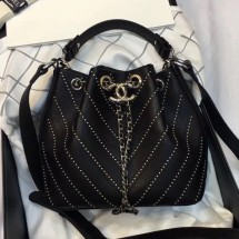 Chanel Studded Chevron Calfskin Bucket Bag Black 2019 Collection CE02565