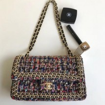 Chanel Tweed Chain Trim Medium Flap Bag Red/Blue 2019 Collection CE03341