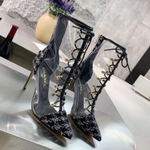 Chanel Tweed Transparent Lace-up High-Heel Short Boots Black 2019 Collection CE00750
