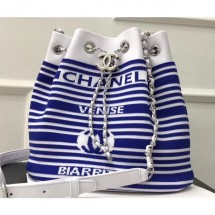 Chanel Venise Biarritz Mixed Fibers Drawstring Bag AS0464 Whiet/Blue 2019 CE02292