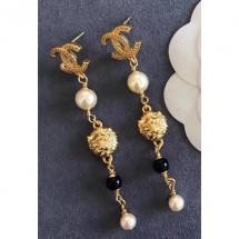 Chanel Vintage Long Earrings with Tiger Head Pendant Gold/Black/Pearly White 2018 CE02416