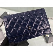 Chanel Wallet On Chain WOC Bag in Patent Leather Navy Blue/Silver CE04239